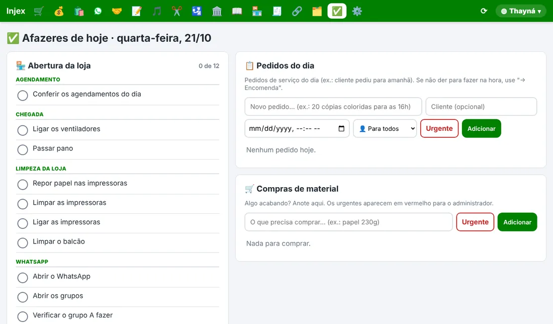 Lista de afazeres da abertura da loja e pedidos do dia