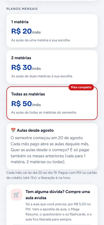 Planos mensais por matéria