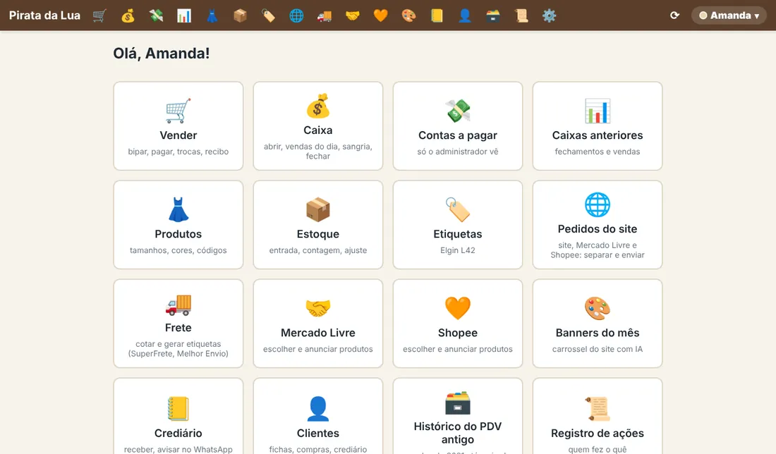 Tela inicial do sistema da Pirata da Lua com todas as áreas